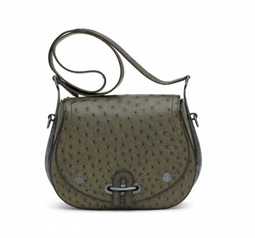 A VERT OLIVE OSTRICH PASSE GUIDE WITH RUTHÉNIUM HARDWARE