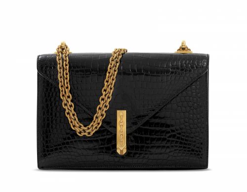 A SHINY BLACK POROSUS CROCODILE ALCAZAR WITH GOLD HARDWARE