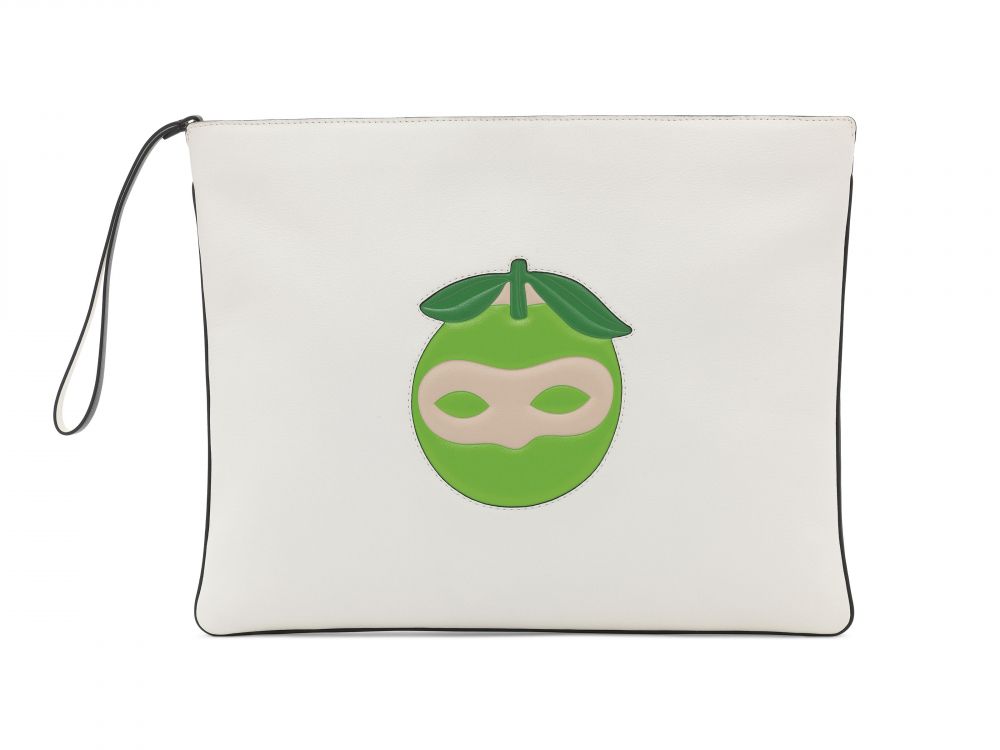 A SET OF TWO: A MAGRITTE LEATHER SURREALIST CLUTCH & A GERANIUM LEATHER CLUTCH