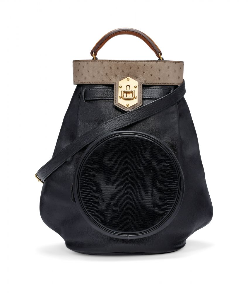 A BLACK CALF BOX LEATHER, GRIS TOURTERELLE OSTRICH, SHINY BLACK SALVATOR LIZARD & VACHE NATURELLE SUMAC WITH GOLD HARDWARE