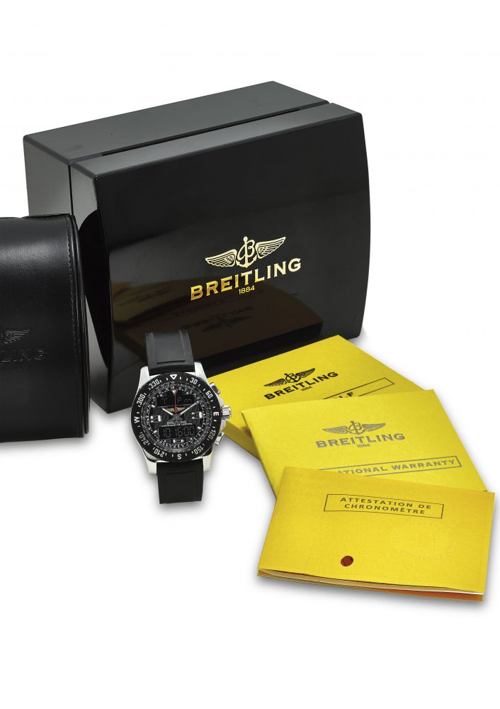 BREITLING. AN EXTREMELY FINE CERAMIC AND STAINLESS STEEL CHRONOGRAPHE QUARTZ WRISTWATCH WITH ORIGINAL CERTIFICATE AND BOX