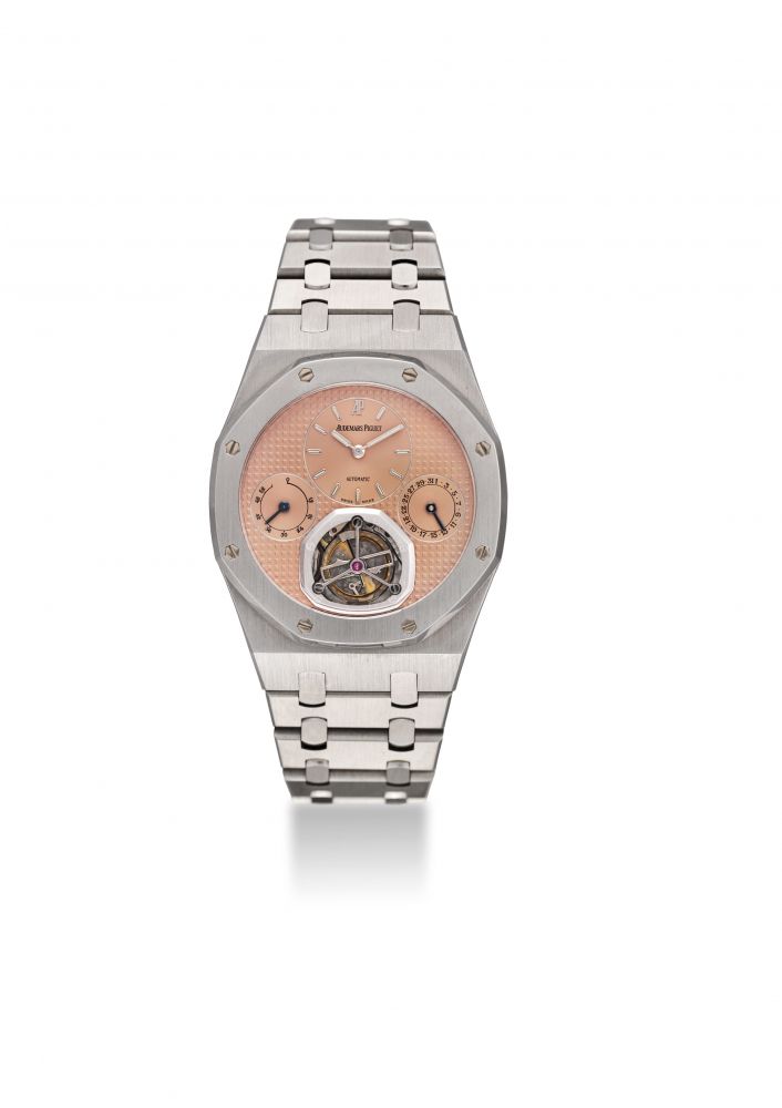 AUDEMARS PIGUET. A FINE AND EXTREMELY RARE LIMITED EDITION STAINLESS STEEL TOURBILLION WRISTWATCH WITH DATE, POWER RESERVE AND BRACELET