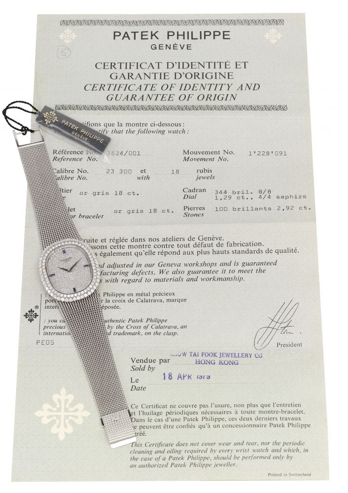 PATEK PHILIPPE. A VERY FINE AND RARE 18K WHITE GOLD, DIAMOND AND SAPPHIRE-SET OVAL WRISTWATCH WITH BRACELET AND ORIGINAL CERTIFICATE