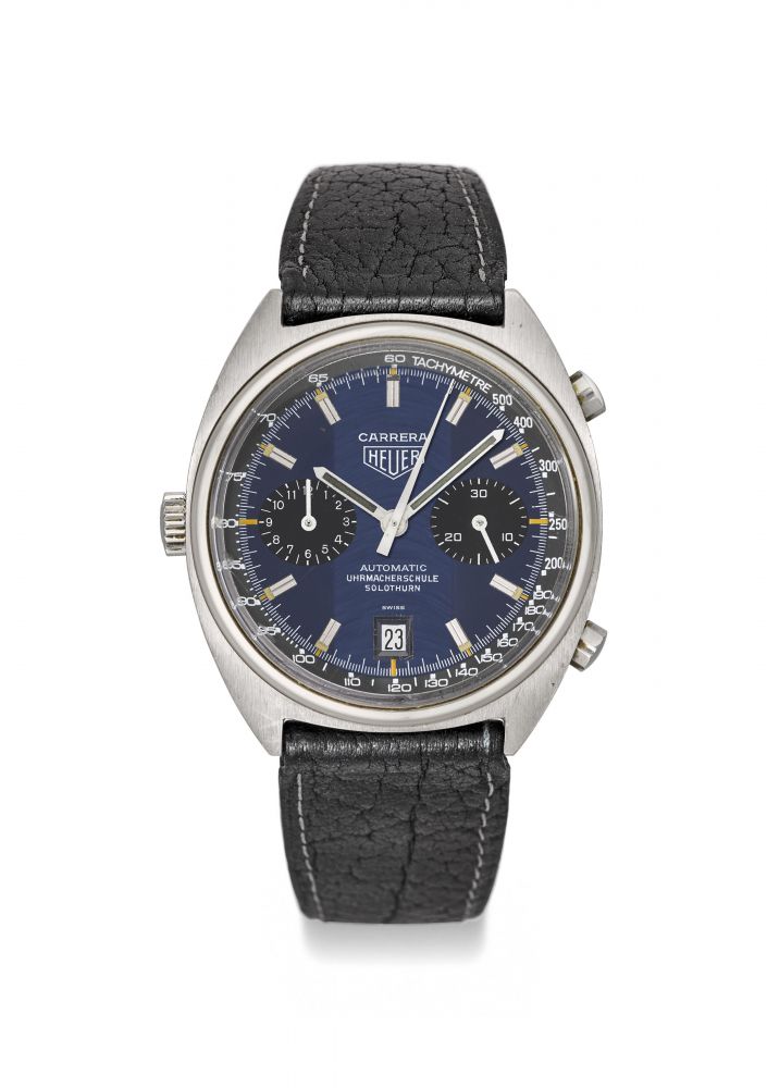 HEUER A RARE STAINLESS STEEL TONNEAU-SHAPED AUTOMATIC CHRONOGRAPH WRISTWATCH WITH DATE MADE FOR THE SOLOTHURN WATCHMAKING SCHOOL