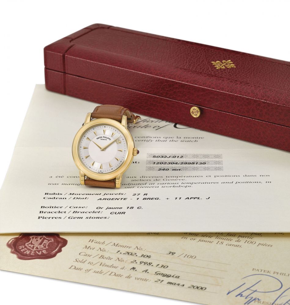 Patek Philippe. A fine and rare 18K gold limited edition automatic wristwatch made for the Patek Philippe Geneva Salons to celebrate the millennium, certificate and box