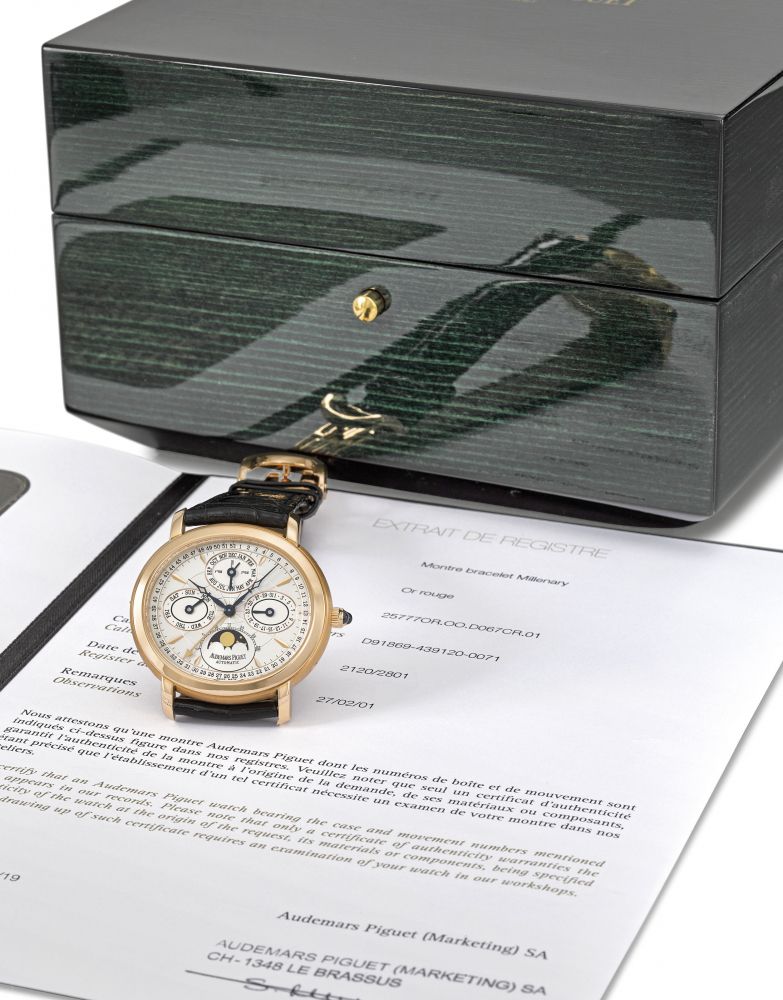 Audemars Piguet. A fine 18K pink gold limited edition oval self-winding perpetual calendar wristwatch with moon phases, Extract from the Register and box