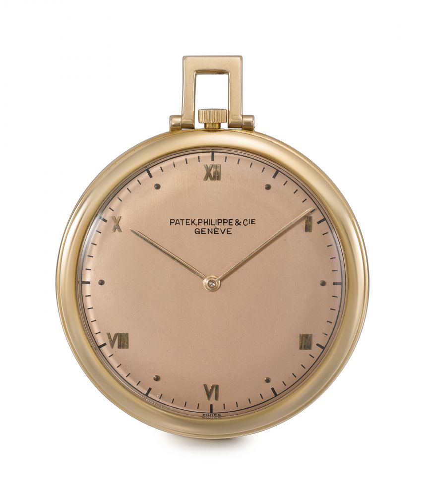 Patek Philippe. A fine and attractive 18K pink gold openface keyless lever watch with silvery rose dial and box