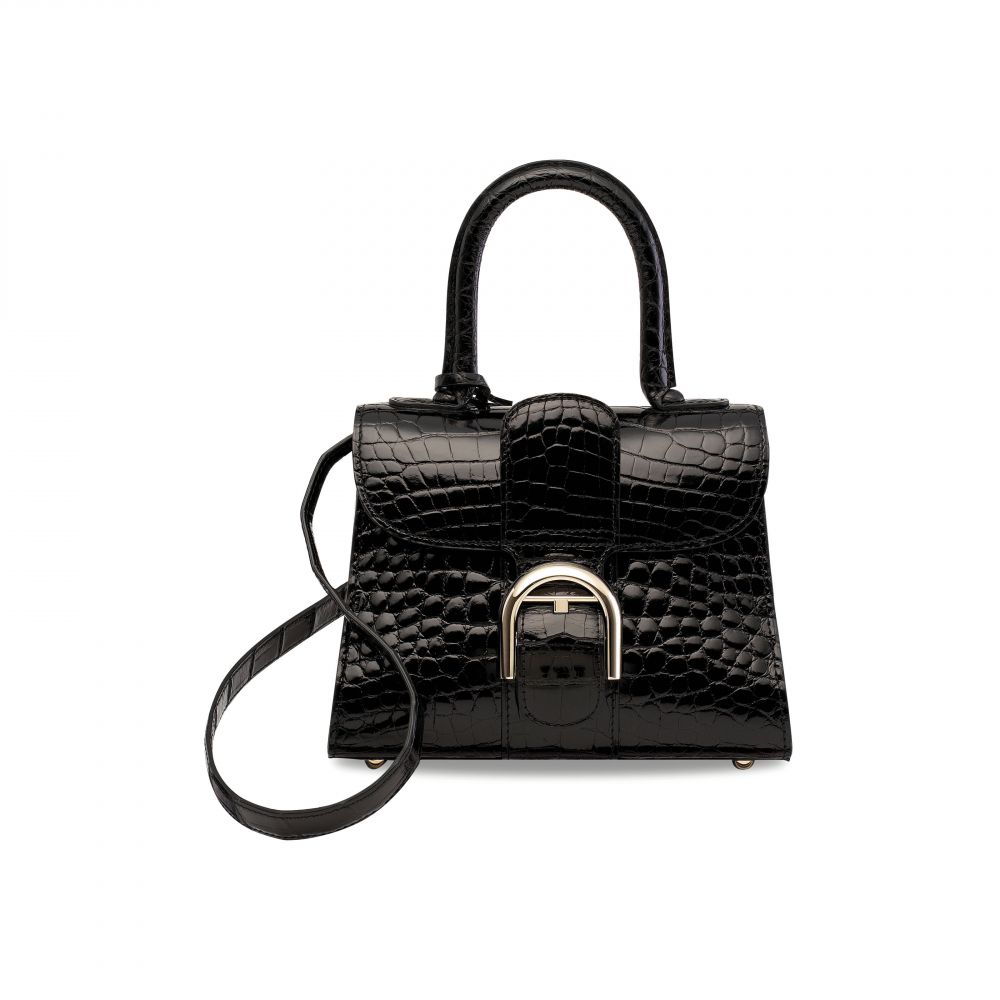 A SHINY BLACK ALLIGATOR BRILLANT MM WITH SILVER HARDWARE