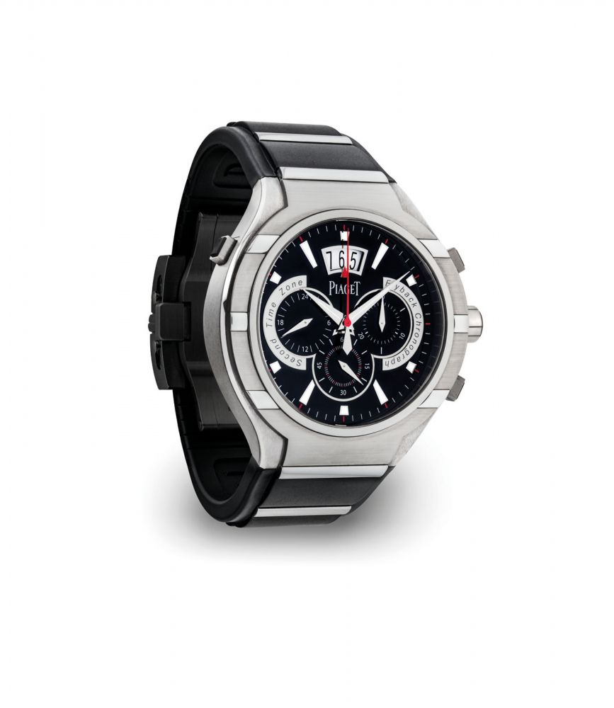 PIAGET. A FINE TITANIUM AUTOMATIC FLYBACK CHRONOGRAPH WRISTWATCH WITH DATE AND DUAL TIME