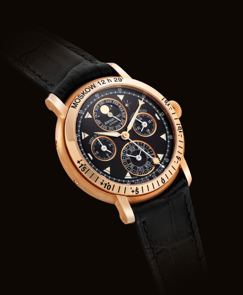 AUDEMARS PIGUET. A FINE AND RARE 18K PINK GOLD AUTOMATIC PERPETUAL CALENDAR WRISTWATCH WITH MOON PHASES, LEAP YEAR INDICATION, EQUATION OF TIME AND SUNRISE AND SUNSET TIMES
