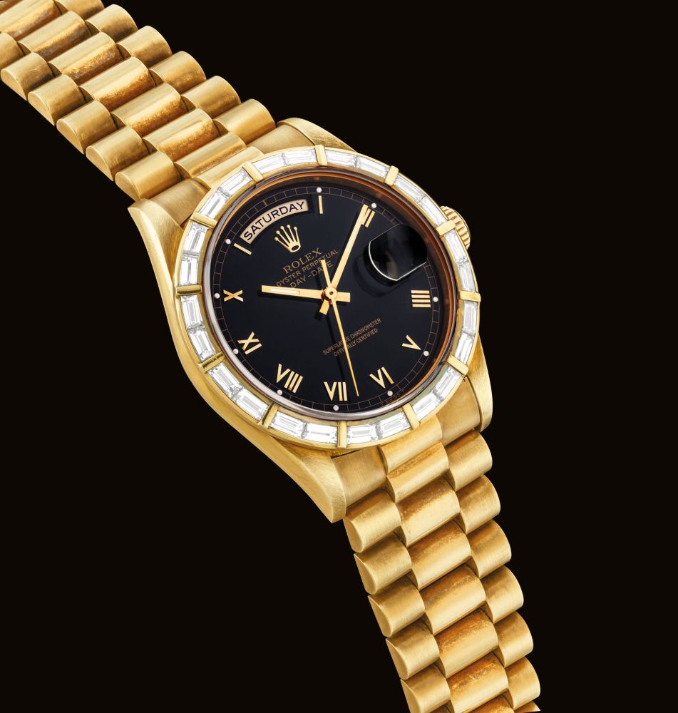 ROLEX. A FINE AND RARE 18K GOLD AND DIAMOND-SET AUTOMATIC WRISTWATCH WITH SWEEP CENTRE SECONDS, DAY, DATE AND BRACELET