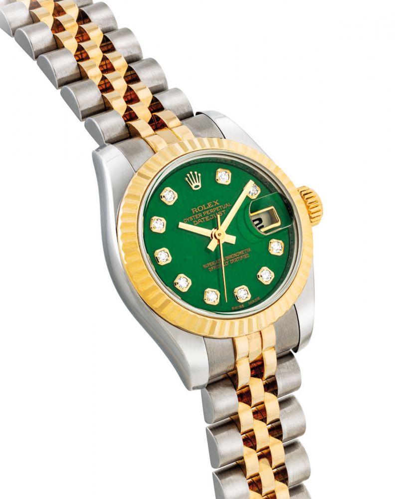 ROLEX. A LADY'S FINE AND RARE STAINLESS STEEL, 18K GOLD AND DIAMOND-SET AUTOMATIC WRISTWATCH WITH SWEEP CENTRE SECONDS, DATE, BRACELET AND GREEN HARD STONE DIAL