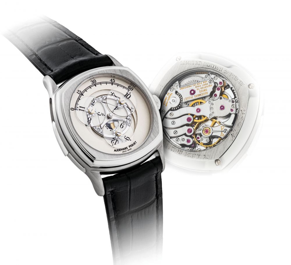 AUREMARS PIGUET. A VERY FINE AND EXTREMELY RARE PLATINUM LIMITED EDITION CUSHION-SHAPED MINUTE REPEATING WRISTWATCH WITH WANDERING HOUR DIAL