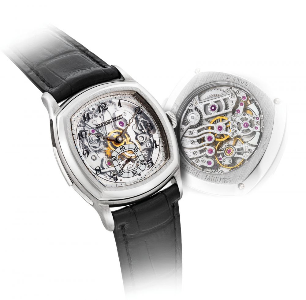 AUDEMARS PIGUET. A VERY FINE AND RARE PLATINUM CUSHION-SHAPED MINUTE REPEATING WRISTWATCH