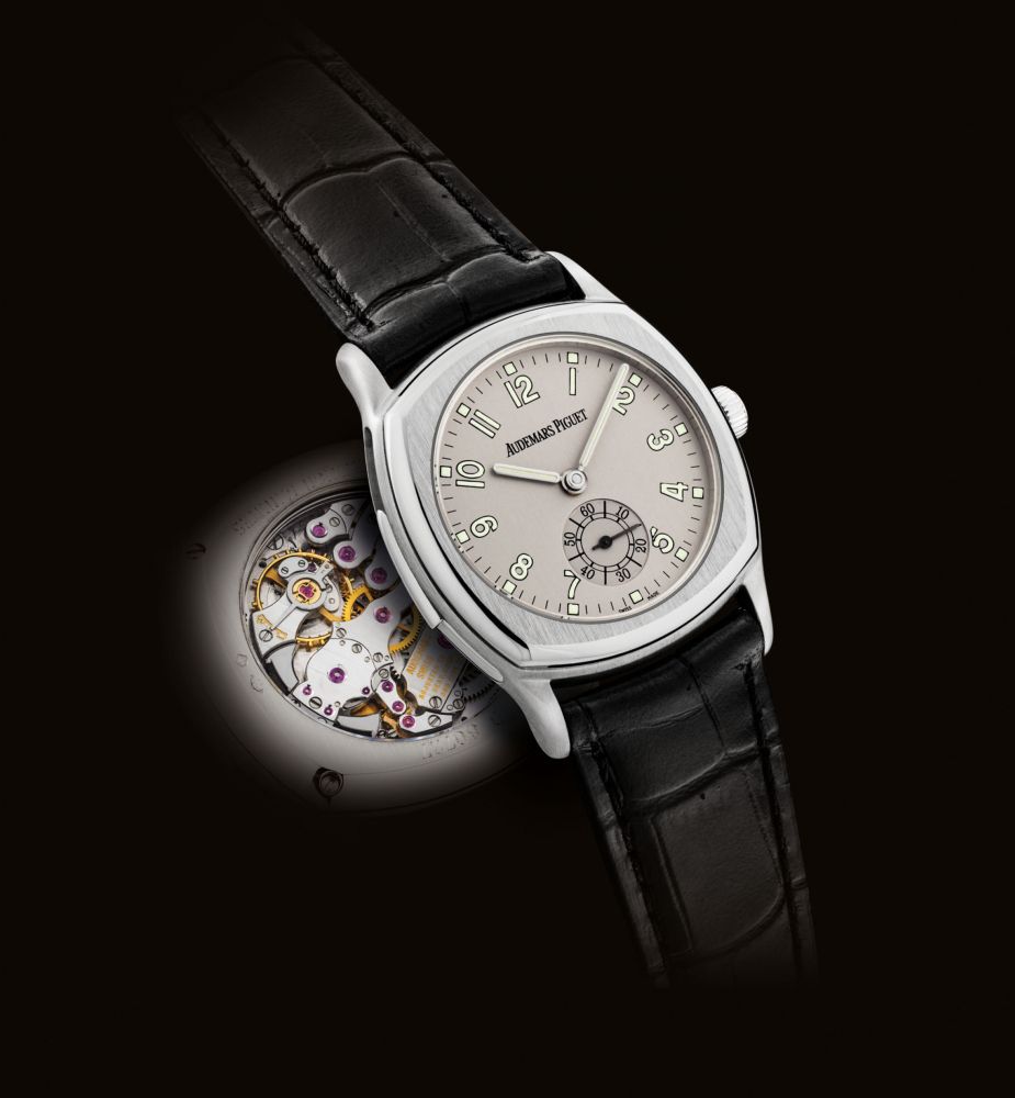 AUDEMARS PIGUET. A VERY FINE AND RARE PLATINUM CUSHION-SHAPED MINUTE REPEATING WRISTWATCH