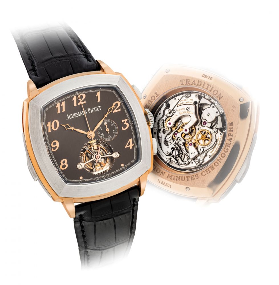 AUDEMARS PIGUET. A VERY FINE AND EXTREMELY RARE 18K PINK AND WHITE GOLD LIMITED EDITION CUSHION-SHAPED MINUTE REPEATING TOURBILLON WRISTWATCH WITH CHRONOGRAPH