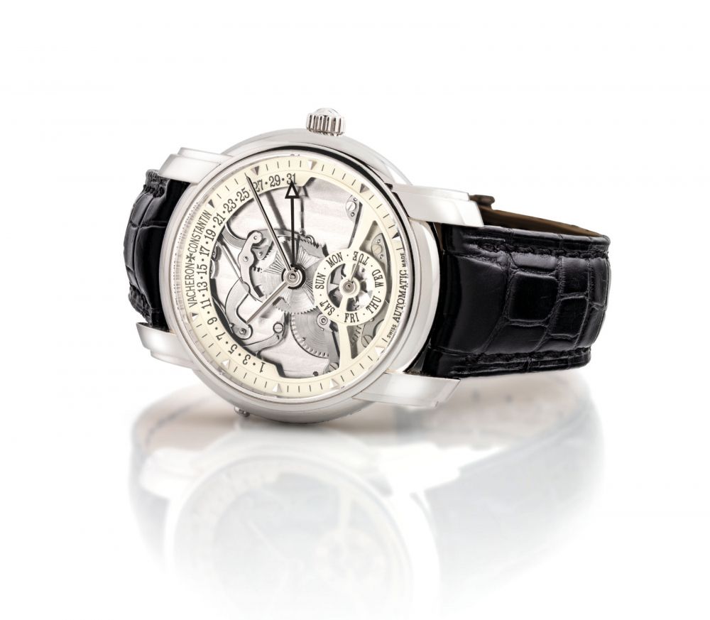 VACHERON CONSTANTIN. A FINE AND RARE PLATINUM LIMITED EDITION AUTOMATIC SEMI-SKELETONISED WRISTWATCH WITH DAY AND RETROGRADE DATE, MADE TO COMMEMORATE THE 247TH ANNIVERSARY OF VACHERON CONSTANTIN
