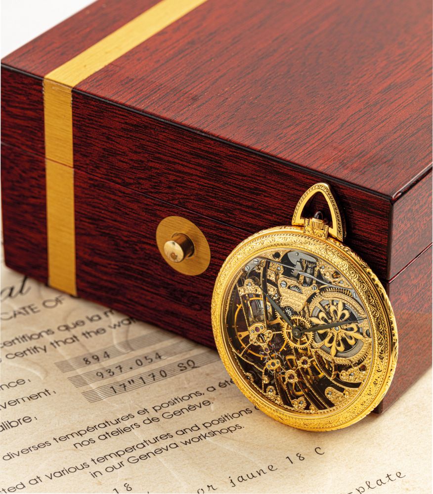 PATEK PHILIPPE. A VERY FINE AND RARE 18K GOLD OPENFACE SKELETONISED KEYLESS LEVER WATCH