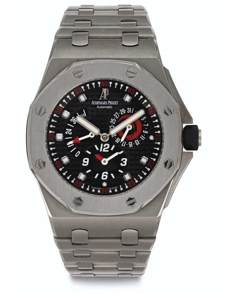 Audemars Piguet. A Fine Titanium Limited Edition Automatic Dual Time Wristwatch with Date, Power Reserve and Bracelet