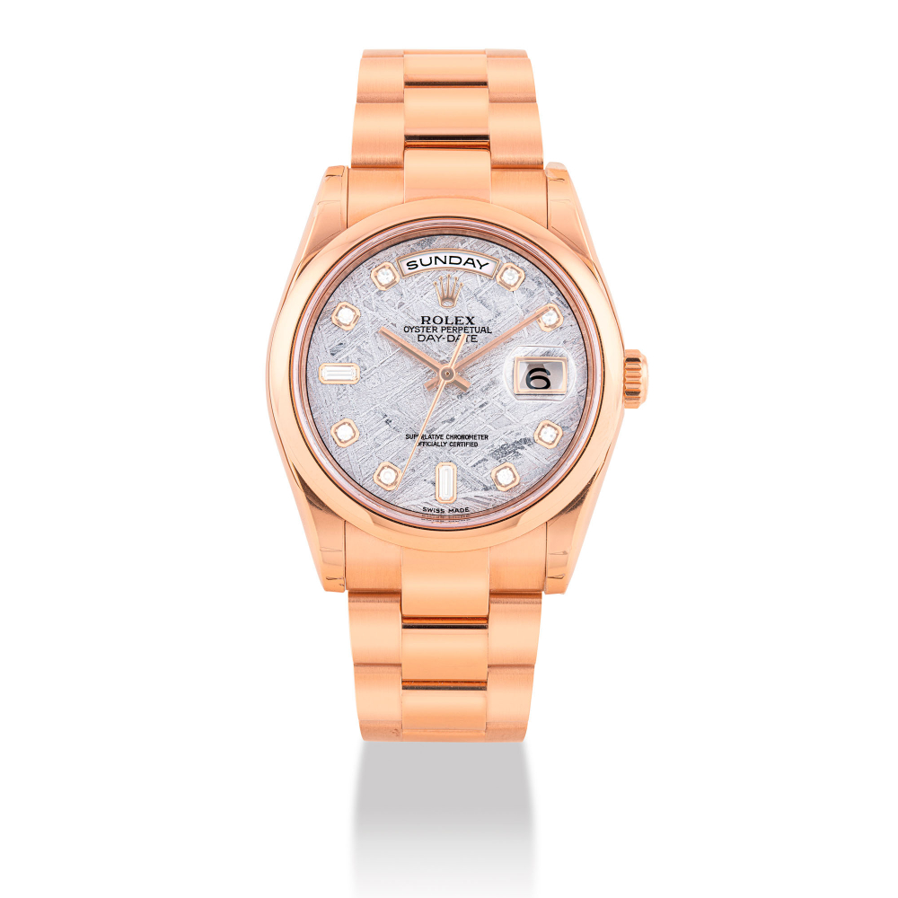 ROLEX, PINK GOLD DAY-DATE WITH METEORITE AND DIAMOND-SET DIAL, REF. 118205 -