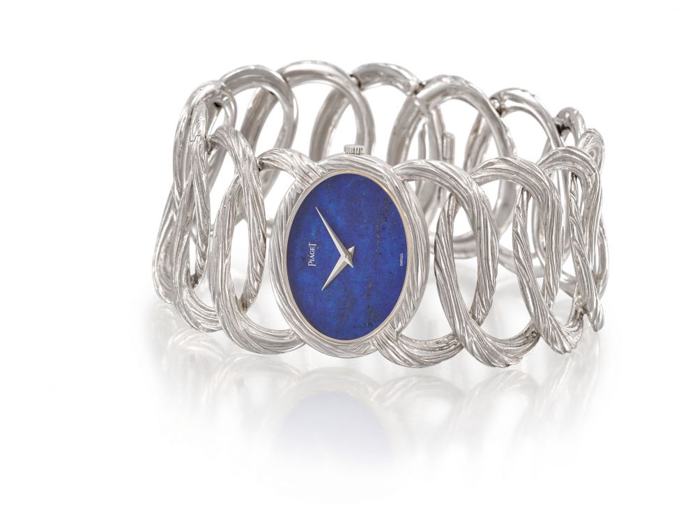 Piaget. A very rare and attractive 18K white gold bracelet watch with lapis lazuli dial