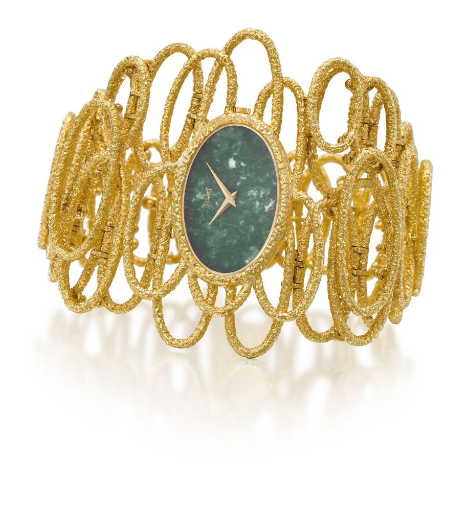 Piaget. A fine and very elegant 18K gold and jade bracelet watch with integral 18K gold asymmetric link bracelet