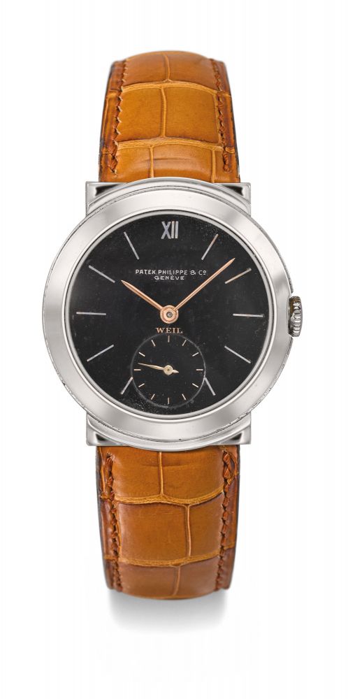 Patek Philippe. A very rare and highly attractive stainless steel ‘Staybrite’ wristwatch with black gloss dial and hooded lugs