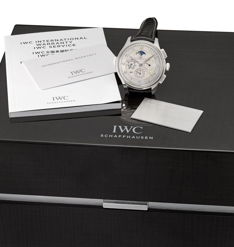 IWC. A very fine and large platinum limited edition automatic minute repeating perpetual calendar wristwatch with moon phases, original certificate and box