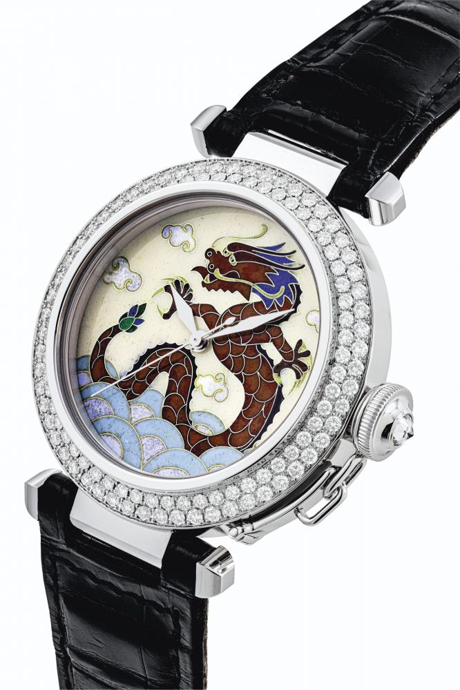 CARTIER. AN EXTREMELY RARE 18K WHITE GOLD AND DIAMOND-SET LIMITED EDITION AUTOMATIC WRISTWATCH WITH SWEEP CENTRE SECONDS AND CLOISONNÉ ENAMEL DIAL