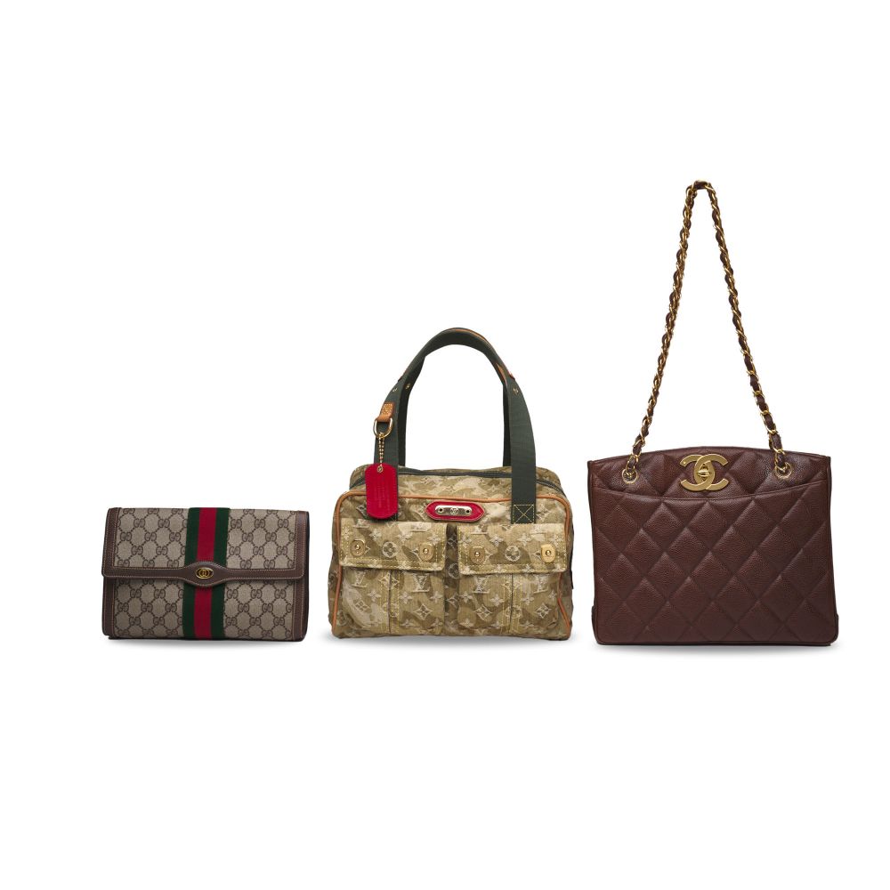 A SET OF THREE: A BROWN GG CANVAS CLUTCH BAG, A LIMITED EDITION MONOGRAMOUFLAGE DENIM JASMINE BAG BY TAKASHI MURAKAMI & A BROWN CAVIAR LEATHER TOTE BAG WITH GOLD HARDWARE - GUCCI