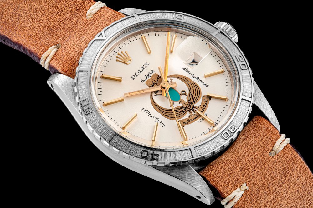 ROLEX. A RARE STAINLESS STEEL AUTOMATIC WRISTWATCH WITH SWEEP CENTRE SECONDS, DATE AND EMBLEM OF LIBYA