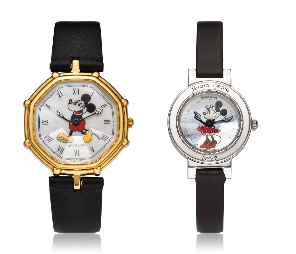 GERALD GENTA. A SET OF TWO MICKEY & MINNIE MOUSE WRISTWATCHES WITH MOTHER-OF-PEARL DIAL -