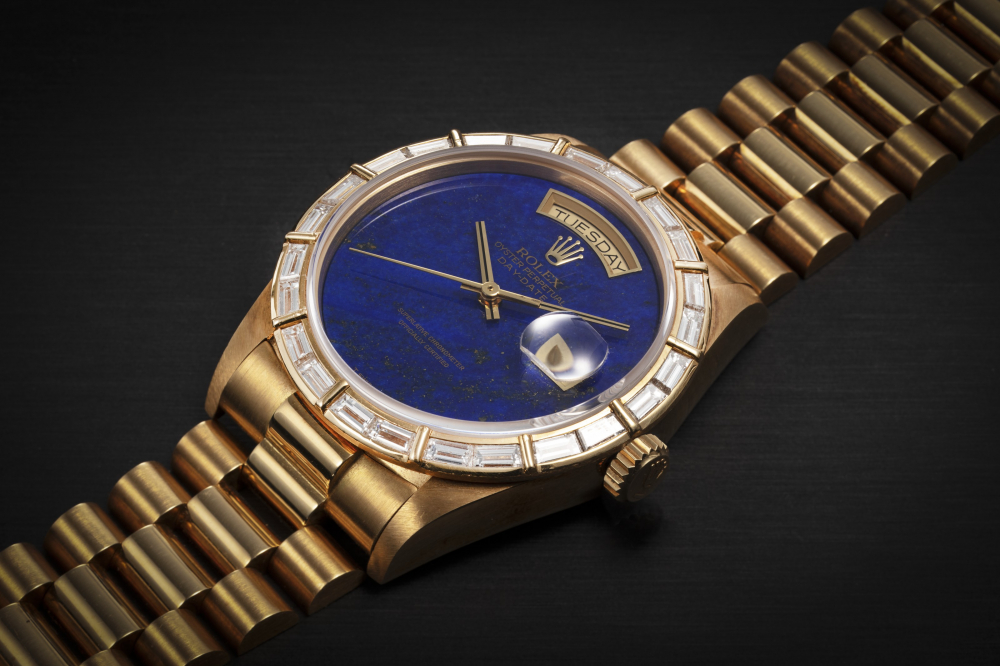 ROLEX, DAY-DATE REF. 18168 ‘DEEP BLUE’, A GOLD AND DIAMOND AUTOMATIC WRISTWATCH WITH LAPIS LAZULI DIAL - CASE