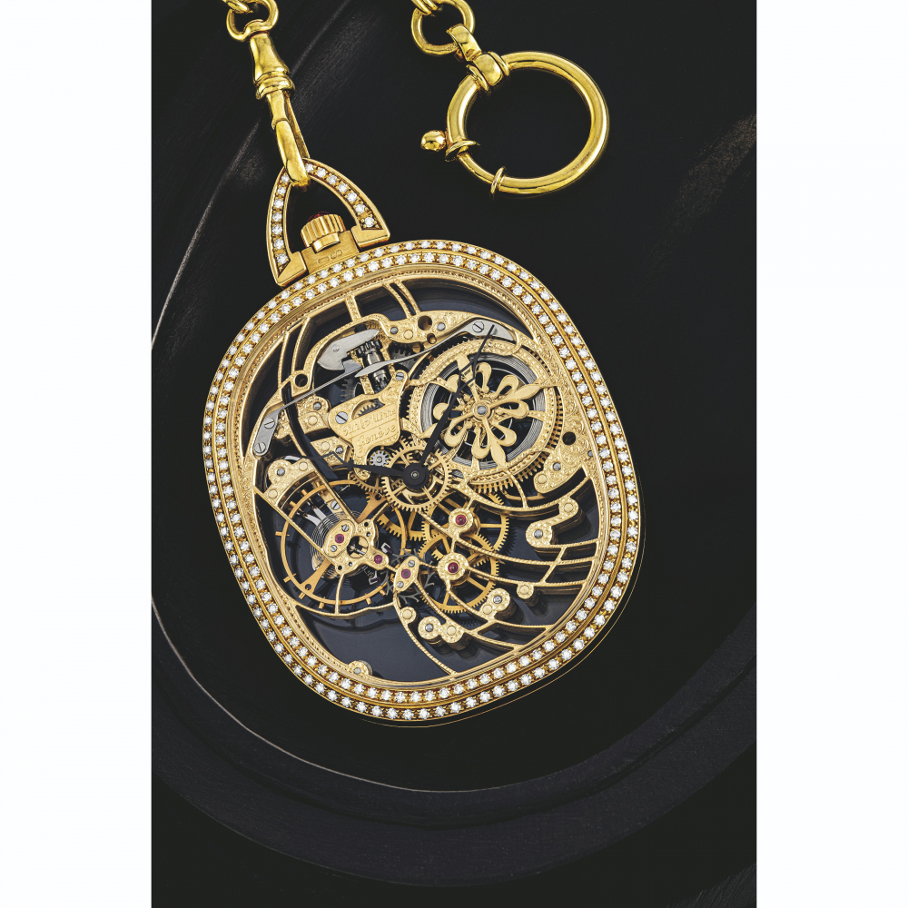 PATEK PHILIPPE. A RARE 18K GOLD AND DIAMOND-SET SKELETONISED KEYLESS LEVER WATCH