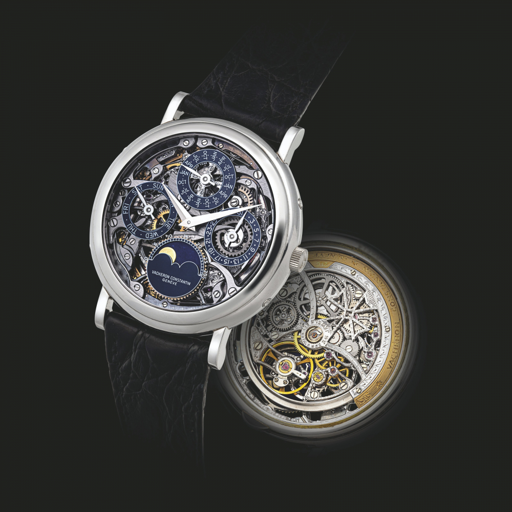 VACHERON CONSTANTIN. A PLATINUM AUTOMATIC SKELETONIZED PERPETUAL CALENDAR AUTOMATIC WRISTWATCH WITH MOON PHASES AND LEAP YEAR INDICATION