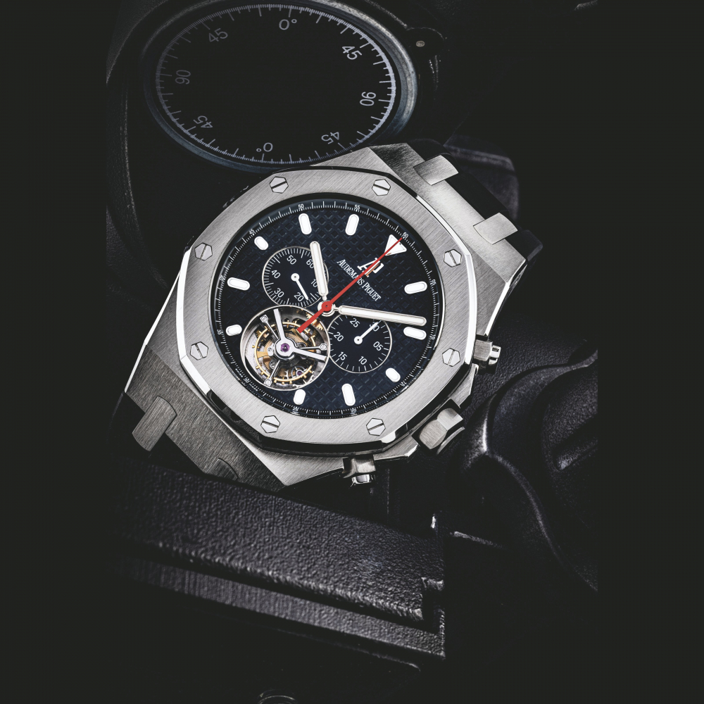 AUDEMARS PIGUET. A STAINLESS STEEL TOURBILLON CHRONOGRAPH WRISTWATCH