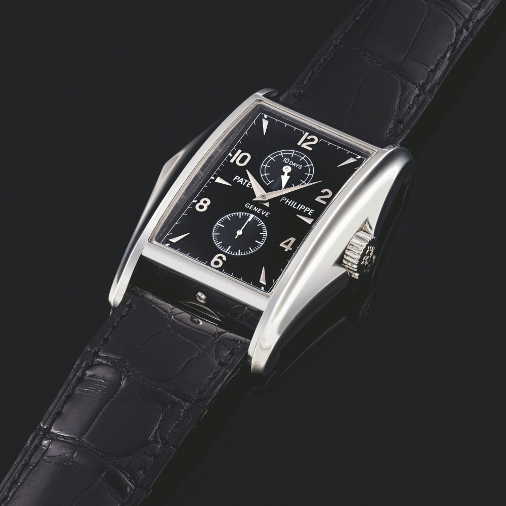 PATEK PHILIPPE. A RARE PLATINUM LIMITED EDITION RECTANGULAR WRISTWATCH WITH 10-DAY POWER RESERVE, MADE TO COMMEMORATE THE MILLENNIUM