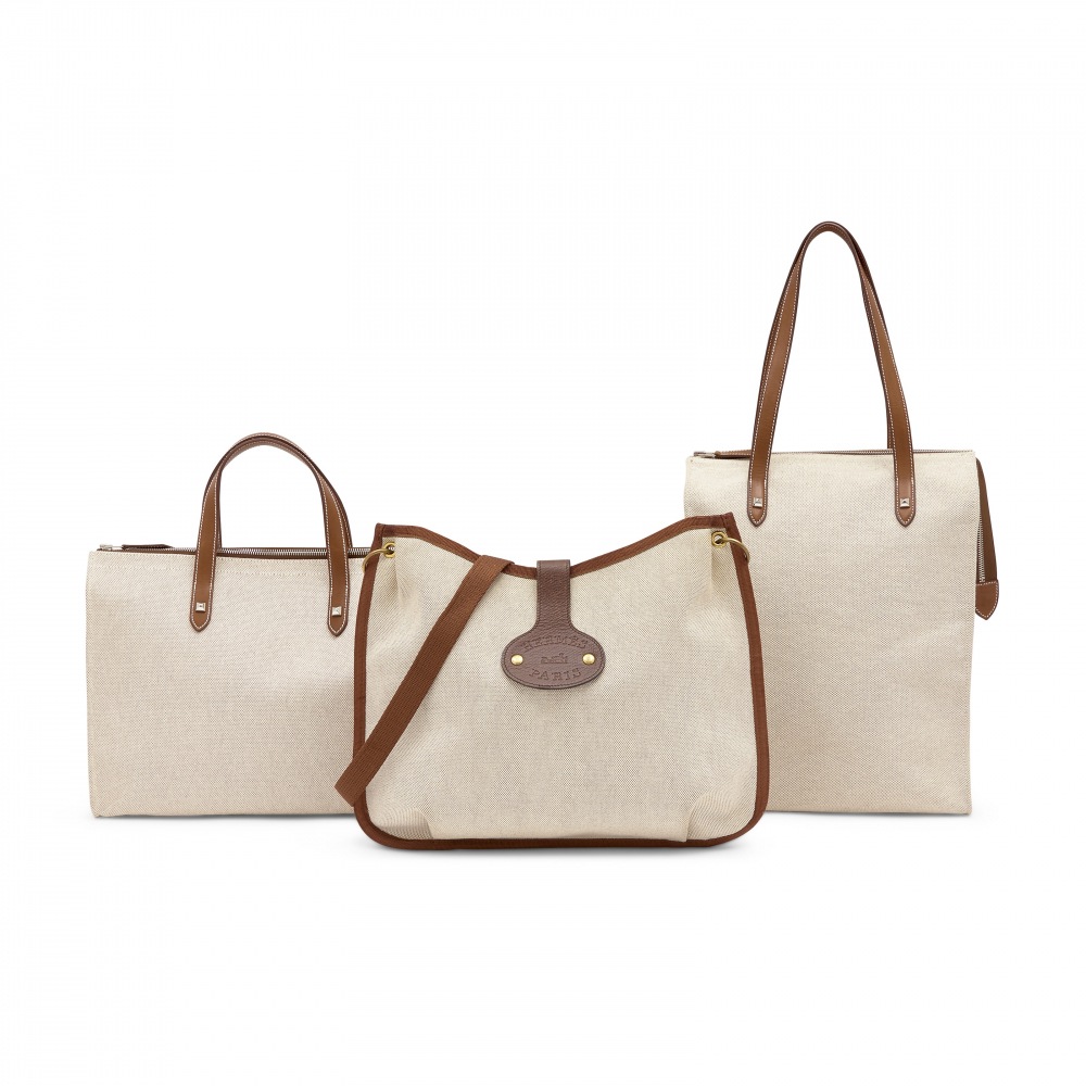 A SET OF THREE: TWO NATUREL BARENIA & TOILE H CANVAS TOTE BAGS AND A TOILE & MARRON FONCÉ EPSOM LEATHER CROSS BODY - HERMÈS
