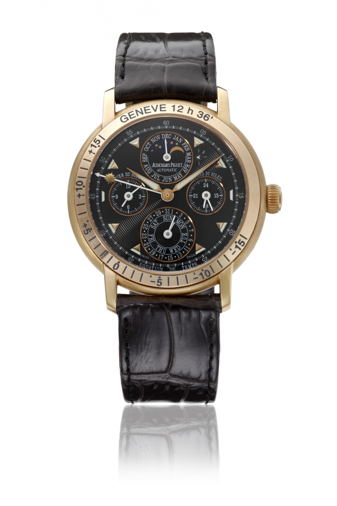 AUDEMARS PIGUET. A RARE AND ATTRACTIVE 18K PINK GOLD AUTOMATIC PERPETUAL CALENDAR WRISTWATCH WITH MOON PHASES, EQUATION OF TIME, SUNRISE AND SUNSET TIMES