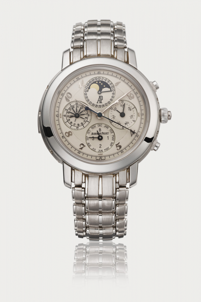 AUDEMARS PIGUET. AN EXTREMELY RARE AND IMPORTANT PLATINUM AUTOMATIC MINUTE REPEATING PERPETUAL CALENDAR SPLIT SECONDS CHRONOGRAPH WRISTWATCH WITH MOON PHASES, CALENDAR WEEK, LEAP YEAR INDICATION AND BRACELET