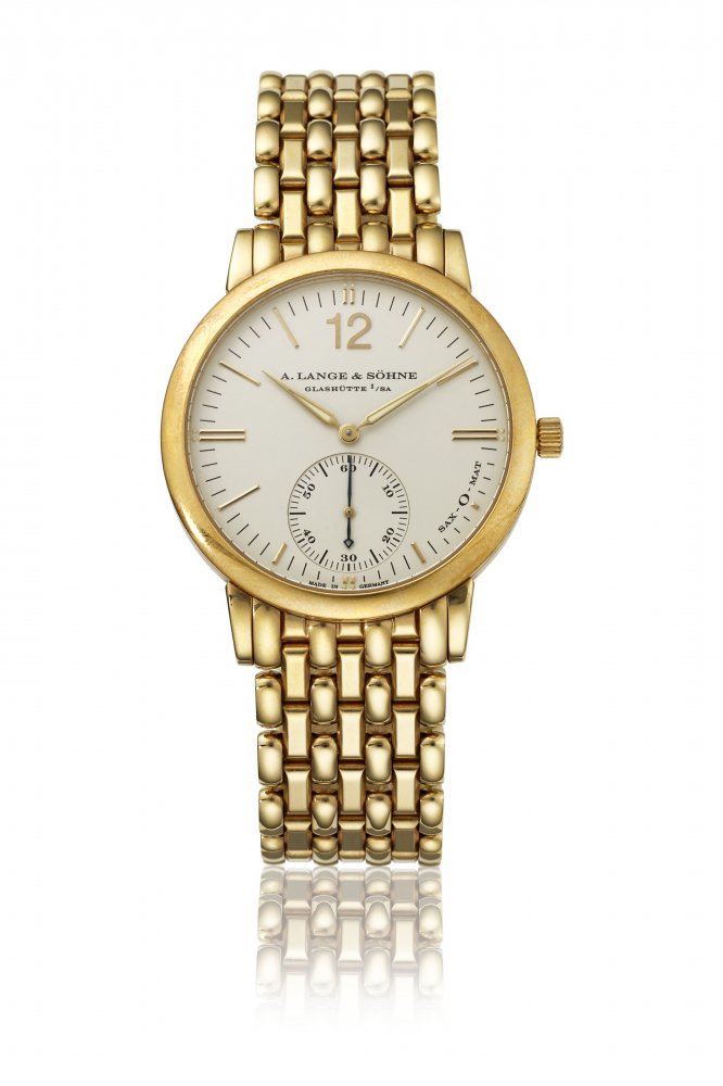 A. LANGE & SÖHNE. AN 18K GOLD AUTOMATIC WRISTWATCH WITH BRACELET, ZERO-RESET FUNCTION, CERTIFICATE AND BOX