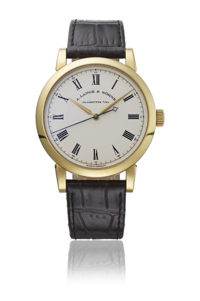 A. LANGE & SÖHNE. AN ELEGANT 18K GOLD WRISTWATCH WITH SWEEP CENTRE SECONDS, HACK FEATURE, CERTIFICATE AND BOX