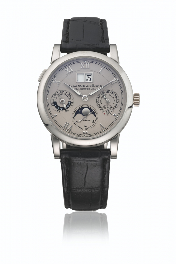 A. LANGE & SÖHNE. AN ELEGANT PLATINUM AUTOMATIC PERPETUAL CALENDAR WRISTWATCH WITH MOON PHASES, LEAP YEAR INDICATION, DATE AND ZERO-RESET FUNCTION