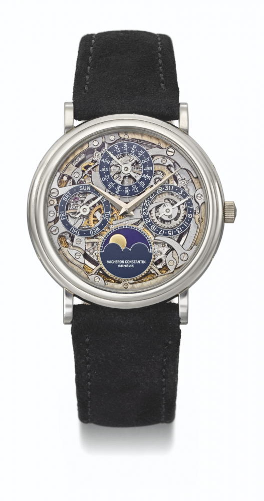 VACHERON CONSTANTIN. AN ELEGANT AND RARE PLATINUM SKELETONIZED AUTOMATIC PERPETUAL CALENDAR WRISTWATCH WITH MOON PHASES