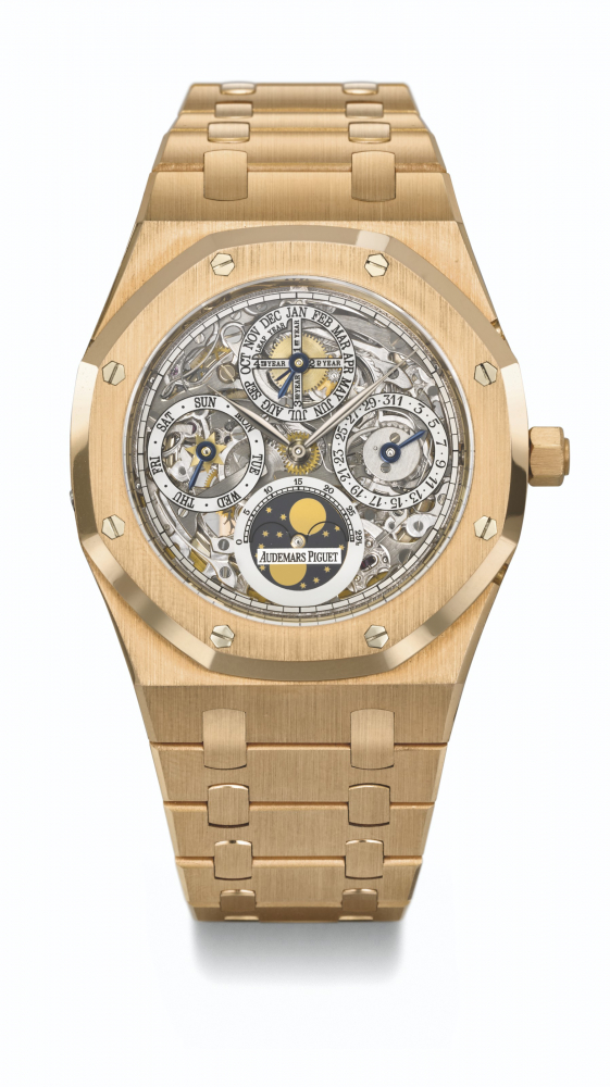 AUDEMARS PIGUET. A RARE AND HIGHLY ATTRACTIVE 18K PINK GOLD SKELETONIZED PERPETUAL CALENDAR AUTOMATIC WRISTWATCH WITH MOON PHASES, LEAP YEAR INDICATION, BRACELET AND GUARANTEE