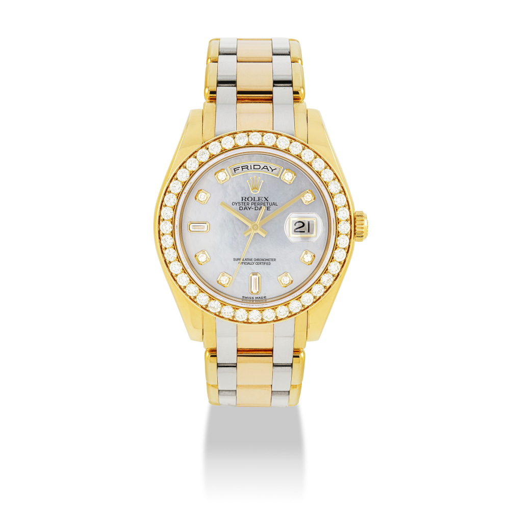 ROLEX, THREE-COLOUR GOLD, DIAMONDS AND MOTHER-OF-PEARL PEARLMASTER, REF. 18948 -