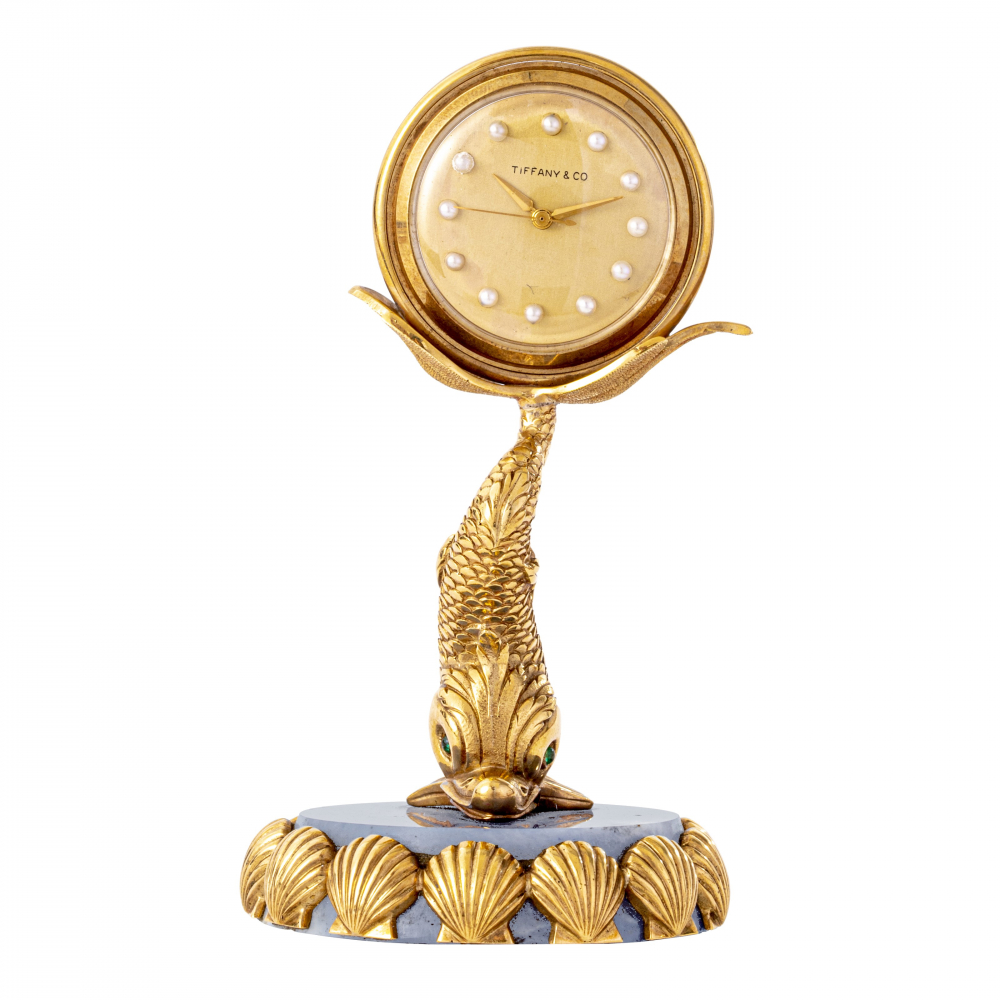 BULOVA, GOLD AND HARDSTONE WITH EMERALD AND PEARL-SET DESK CLOCK, DIAL SIGNED BY TIFFANY & CO. -