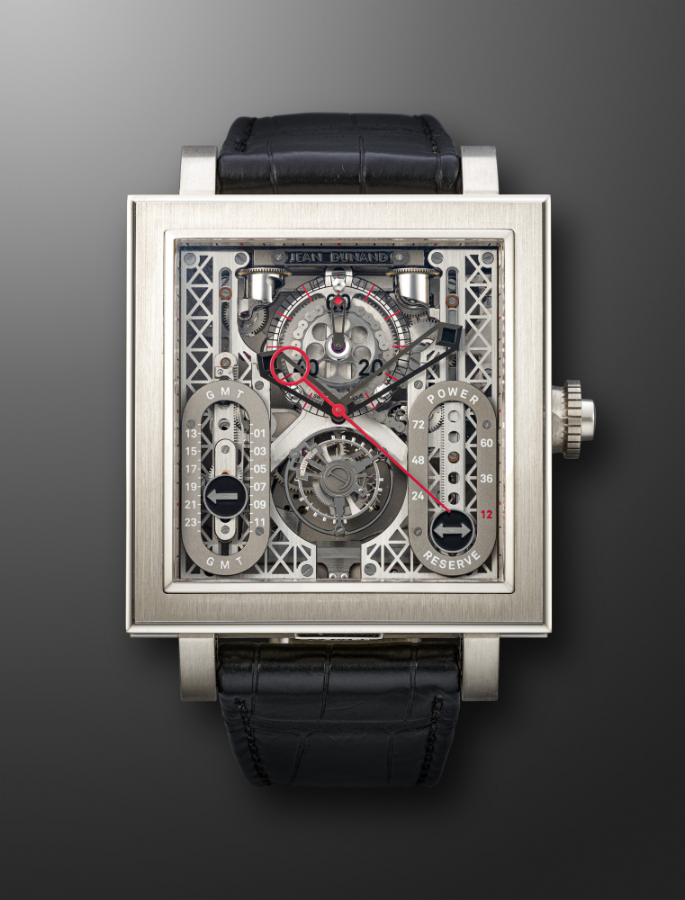 JEAN DUNAND, UNIQUE PIECE WHITE GOLD AND TITANIUM TOURBILLON, MONOPUSHER CHRONOGRAPH, GMT AND POWER RESERVE 'PALACE 5202' -