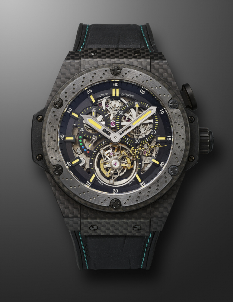 HUBLOT, PIECE UNIQUE CARBON FIBER AND CERAMIC TOURBILLON MONOPUSHER CHRONOGRAPH 'KING POWER TOURBILLON AYRTON SENNA' -