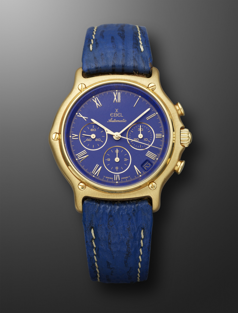 EBEL, YELLOW GOLD CHRONOGRAPH '1911' WITH BLUE DIAL -